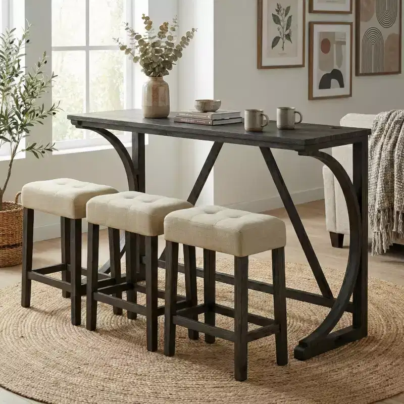 GDFStudio Carter Transitional Wood 3-Piece Counter Height Dining Set with USB Charging Table and Biscuit-Tufted Upholstered Stools