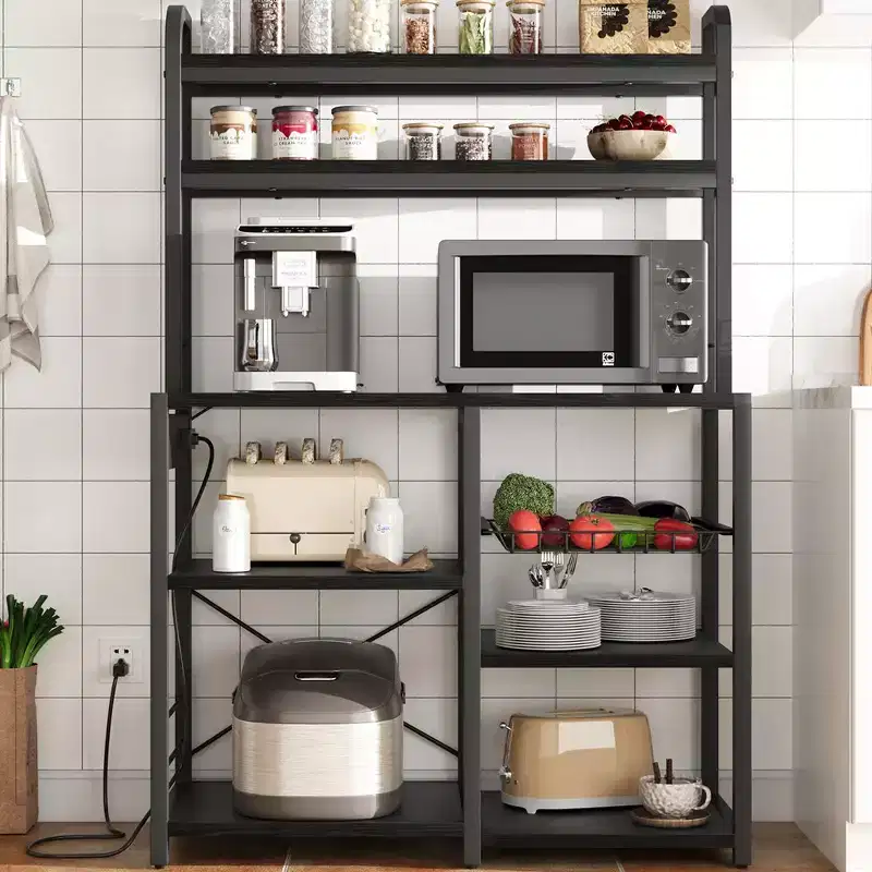 Kitchen Baker Rack with Wire Basket, Microwave Stand with Power Outlet, Large Open Storage Shelves, 6-Tier Freestanding Utility Storage Shelf