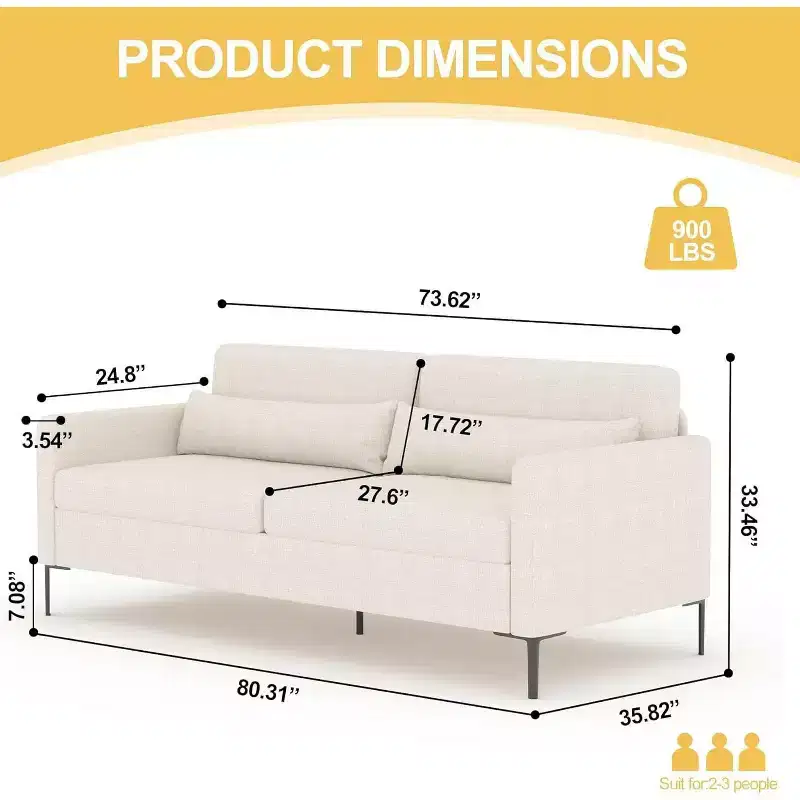 Acekool 3-Seater Sofa for Living Room, Modern Linen Upholstery Couch with Metal Frame, Spacious and Supportive