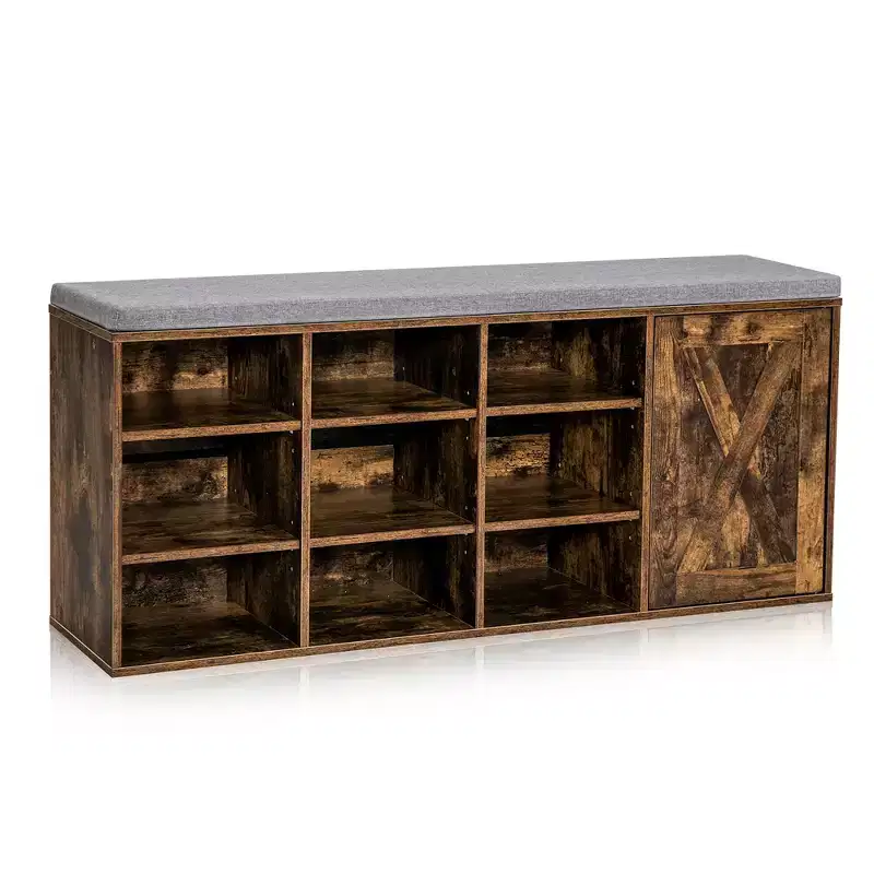 Shoe Bench with Padded Cushion 9-cube Adjustable Storage Shoe Rack White/Grey/Rustic Brown