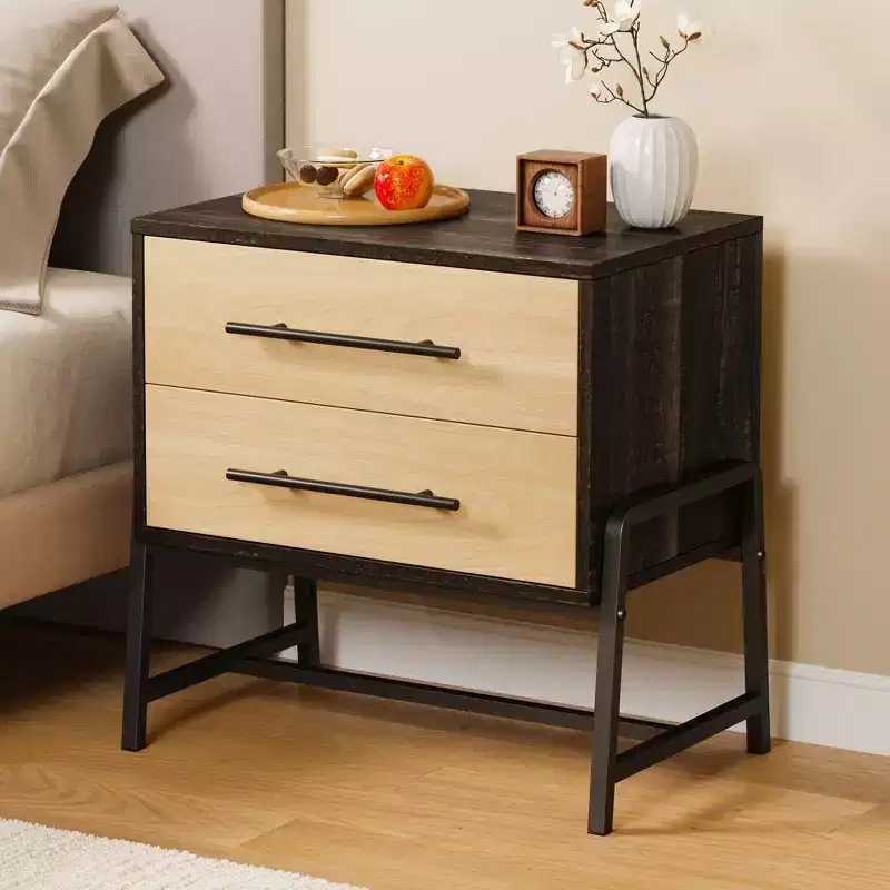 Light Wood Side Table with Metal Legs, Bedside Table with Storage, Mid Century Modern Side Tables for Bedroom Living Room.