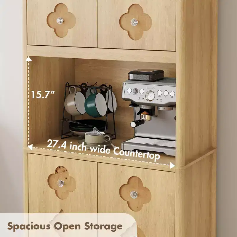 Kitchen Pantry Cabinet,72 Tall Storage Cabinet with Countertop,Freestanding Wooden Hutch Cupboard with Carved Door & Crystal Handle, for Dining Room