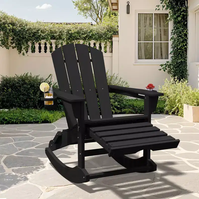 Adirondack Rocking Chair with Retractable Ottoman and Cup Holder, All Weather HDPE Folding Adirondack Chair,Fire Pit Chair for Porches, Patios