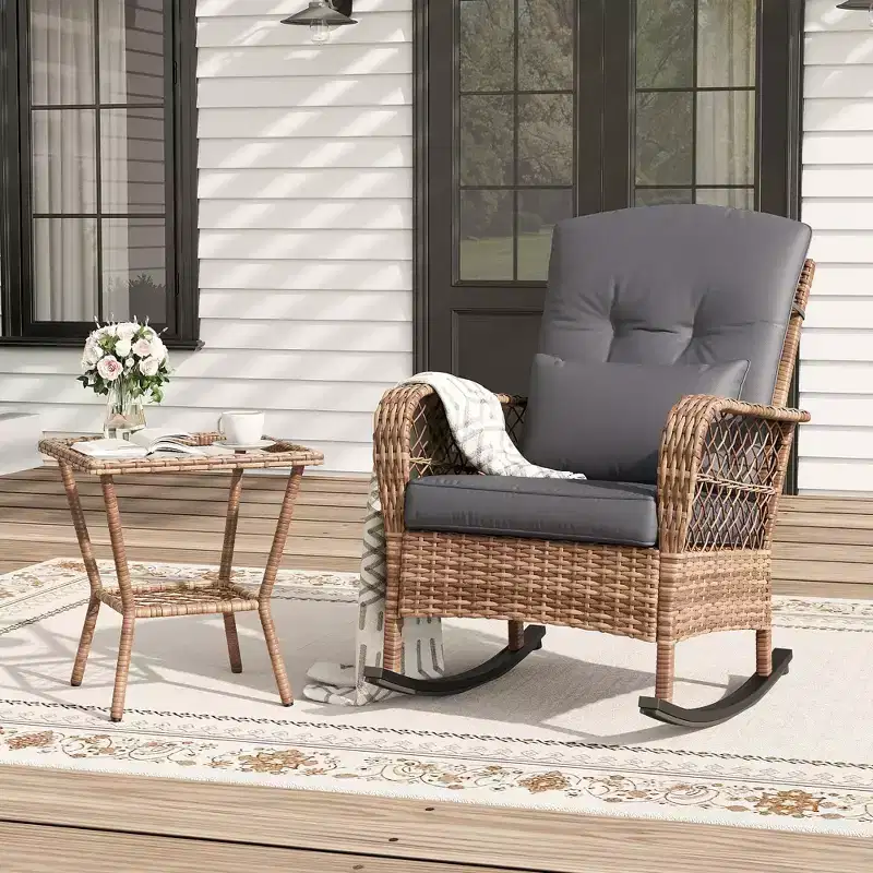 High-Back Wicker Patio Rocking Chair with Cushions, All-Weather Rattan Outdoor Chair for Porch, Removable Washable Covers, 330 lb Capacity