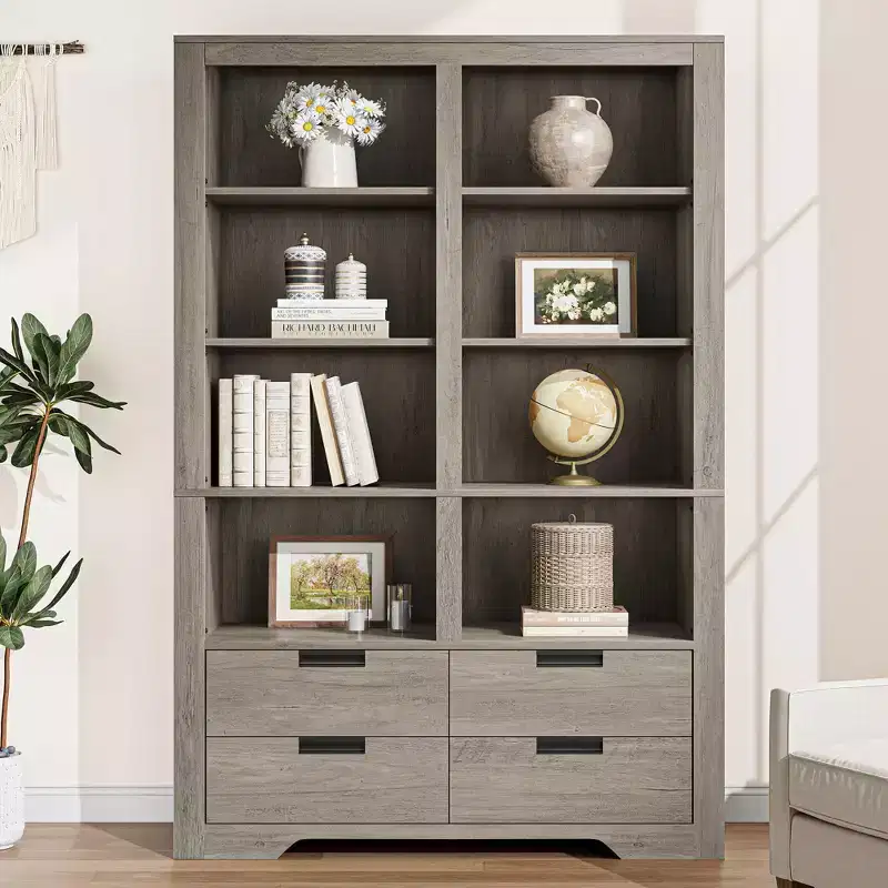 72 Tall Farmhouse Bookshelf with 4 Drawers, 6-Tier Double Wide Storage Bookcase, Freestanding Large Open Shelf for Books and Decor