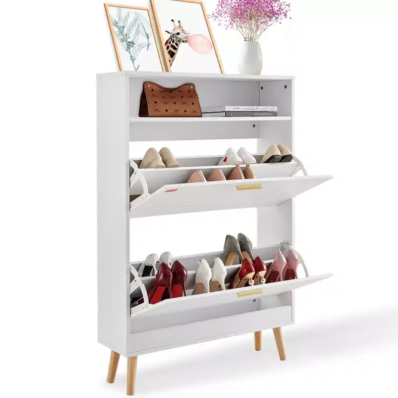 Shoe Cabinet with 2 Flip Drawers, Free Standing Shoe Storage Organizer for Entryway with Top Storage Cubby, White
