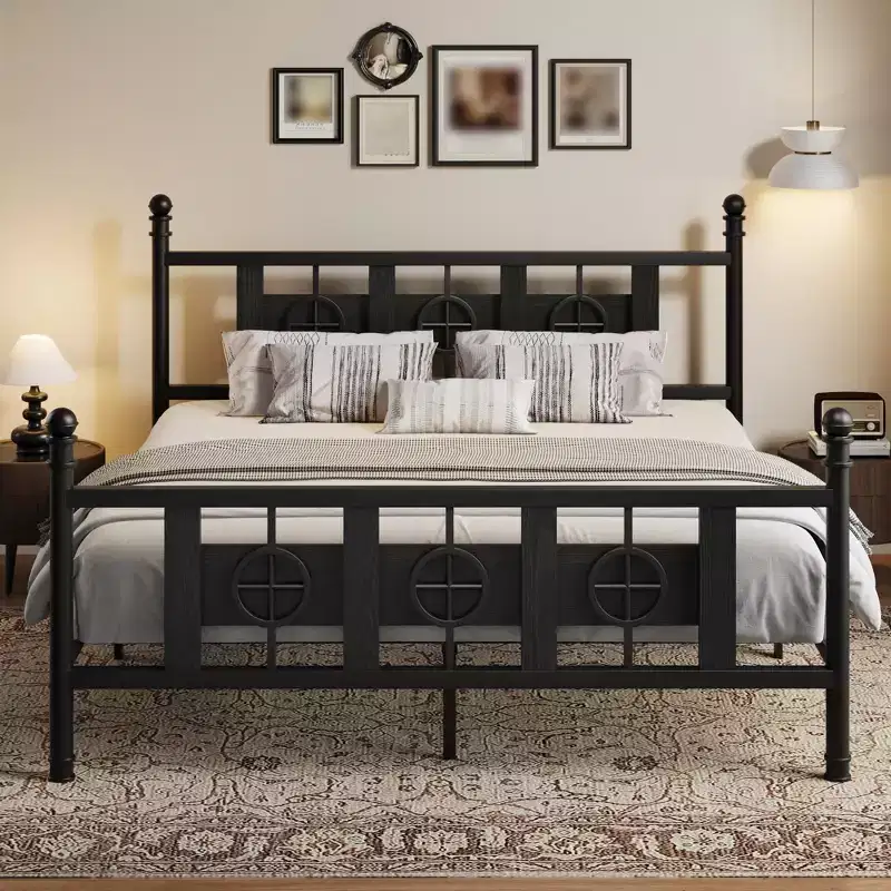 Metal Bed Frame for Dining Area Vintage Headboard & Footboard, Circular Accents, Under-Bed Storage, Easy Assembly