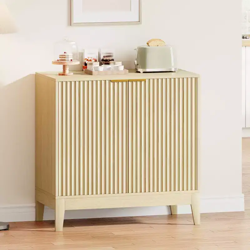 31.5 Fluted Storage Cabinet with Gold Handles, Adjustable Shelf, Oak Finish Credenza, Modern Buffet Sideboard for Dining Room Kitchen