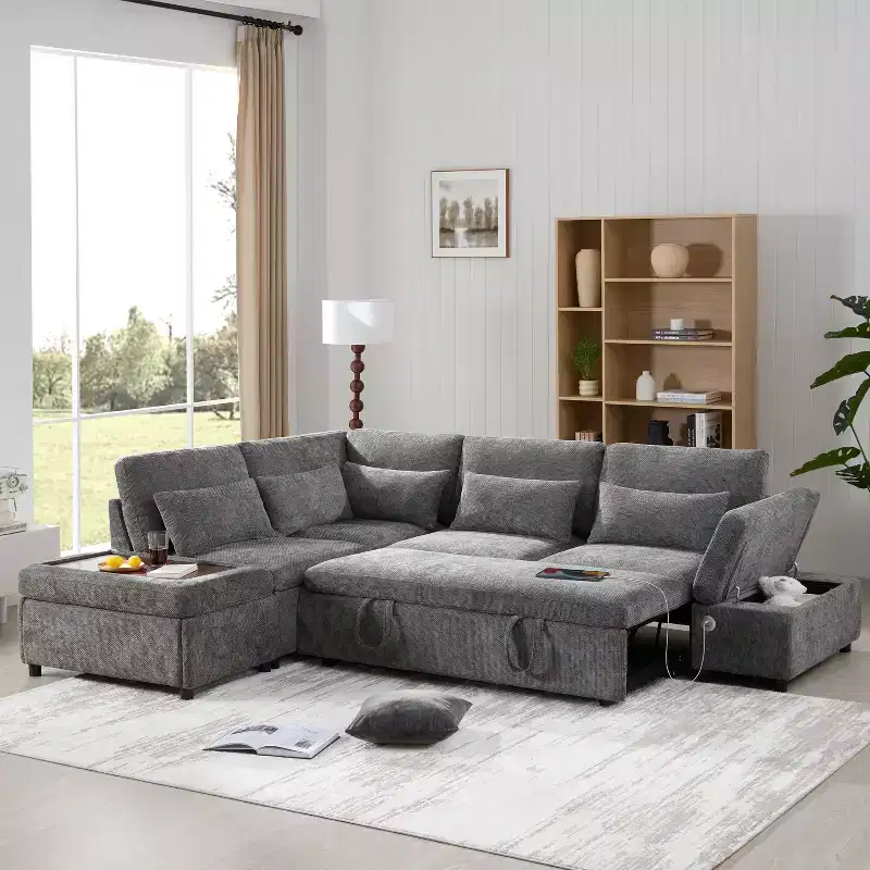 Polibi Oversized Modular Chenille Sectional Sofa with Pull-Out Bed