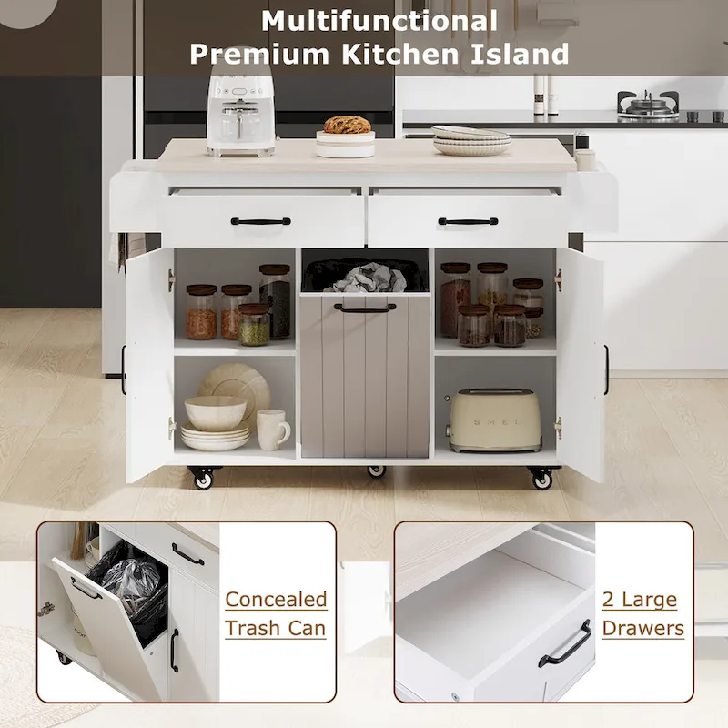 51 in. W Rolling Kitchen Island Cart with Drop Leaf and Tilt-out Trash Can