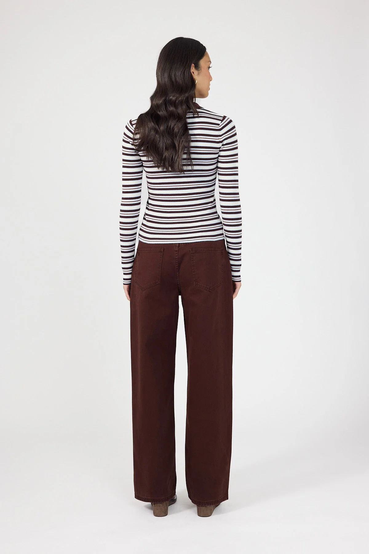 Knit Long Sleeve Polo Brown Stripe