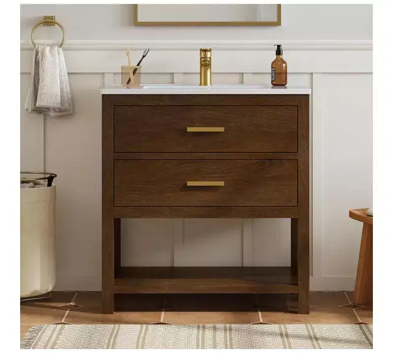 30 Inch Bathroom Vanity with Sink, Farmhouse Storage Cabinet with Drawers & Open Storage Shelf, Easy Assembly, Adjustable Feet, Walnut