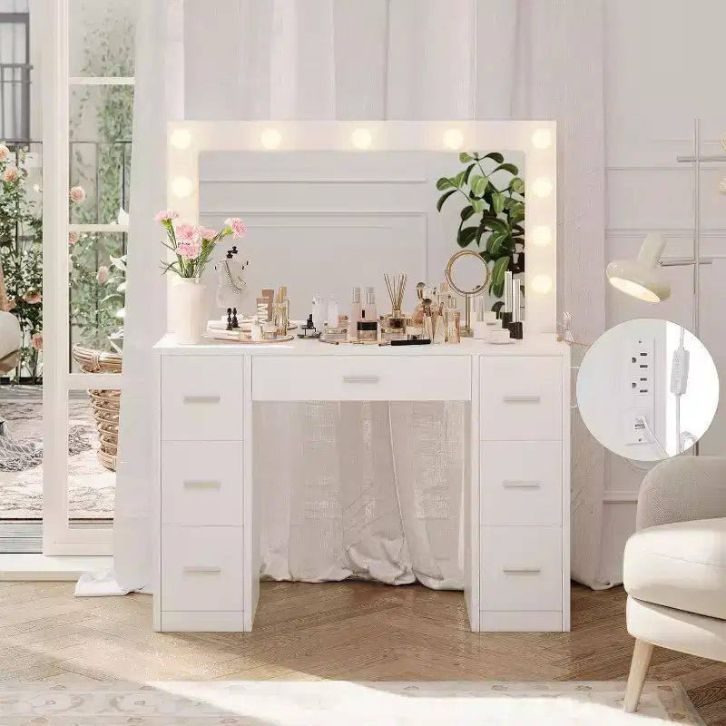 White Vanity Desk with Mirror, Adjustable Lighting & Power Outlets, 7-Drawer Makeup Table for Bedroom