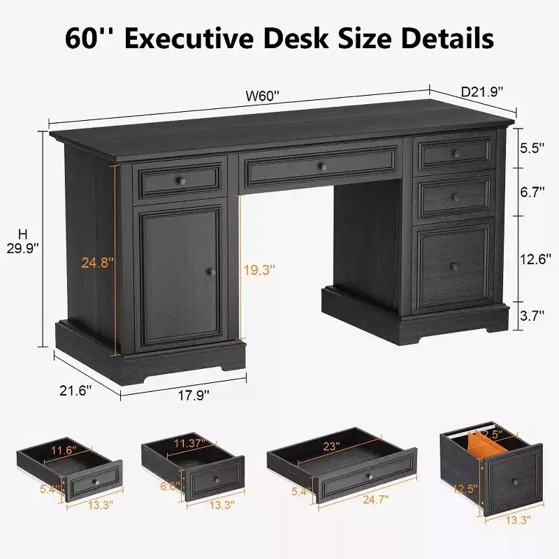 60 Farmhouse Executive Desk for Home Office - Wooden Writing Desk with Drawers, Cabinet Storage, Rustic Home Office Desk for Work Study