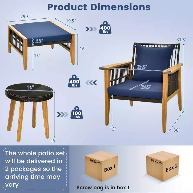 Costway 5 Pcs Patio Acacia Wood Wicker Woven Furniture Set with Coffee Table & 2 Ottomans Navy/Beige