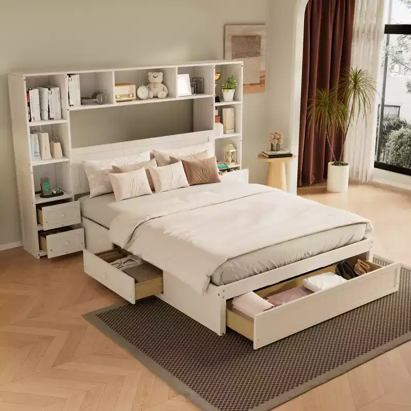 Full Size Pine Wood Platform Bed with Nightstands and Bookcase Cabinet