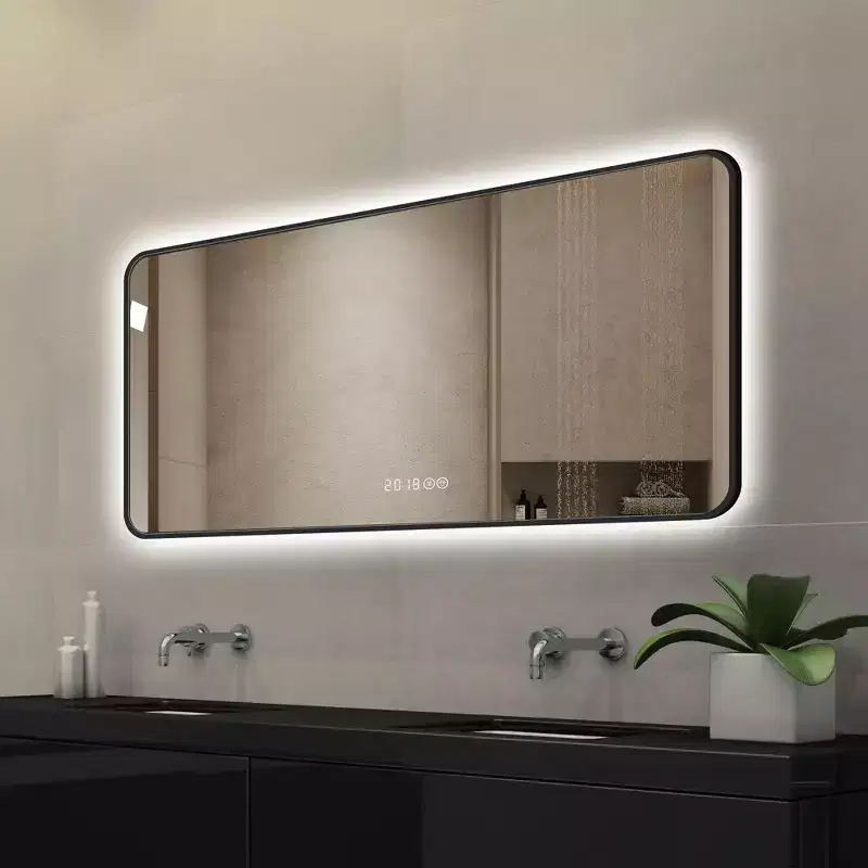 48 x 24 Inch Black Aluminum Alloy Frame Bathroom Vanity Mirror with Temperature Display Tri Color Light Defogging