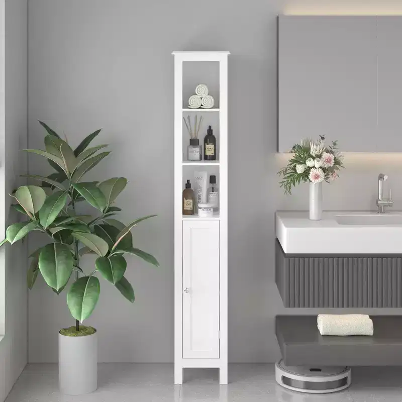 JVNOXK 66.92-inch tall bathroom storage cabinet with adjustable shelves, single-door freestanding unit, anti-tip design, suitable for bathrooms, white