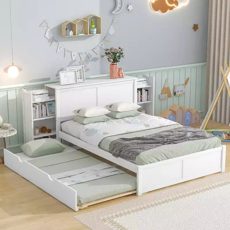 Dunn Storage Platform Bed with Pull Out Shelves and Twin XL Size Trundle