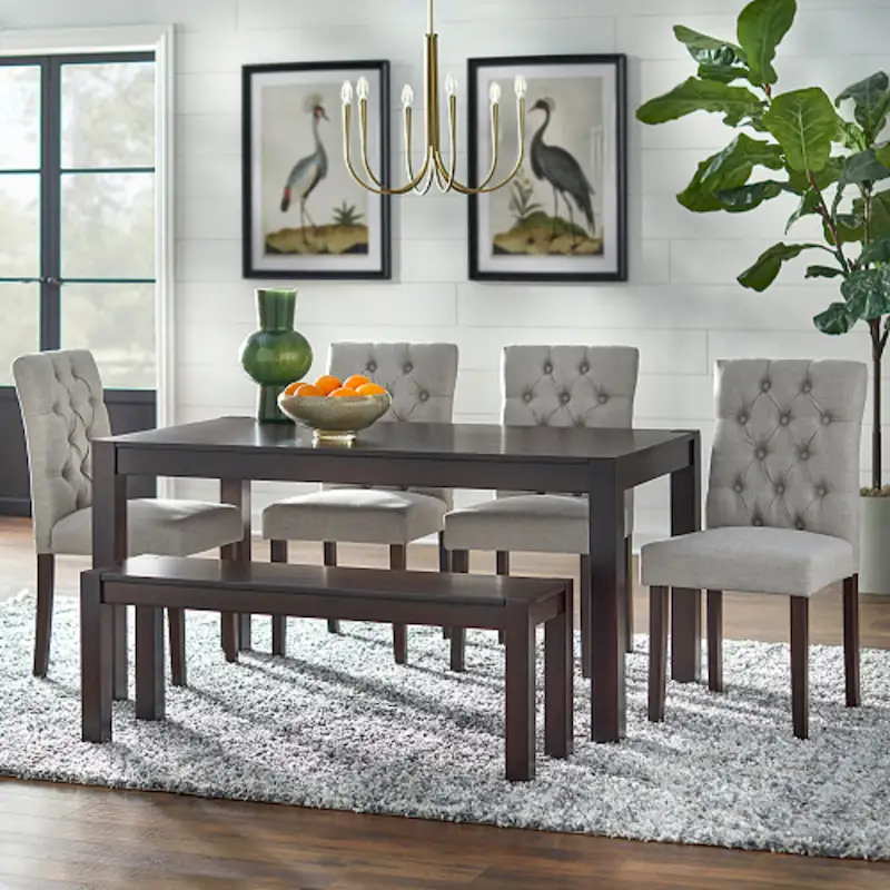 Grey/Blue 6-Piece Dining Set – Table, 4 Chairs & Bench