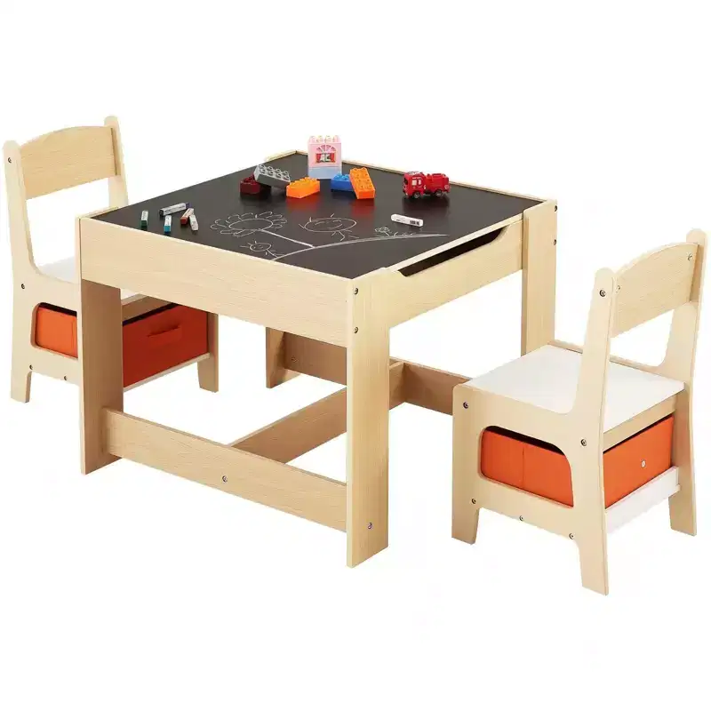 Kids Table and Chair Set with Storage Boxes Reversible Whiteboard Blackboard Top - Ages 2-8