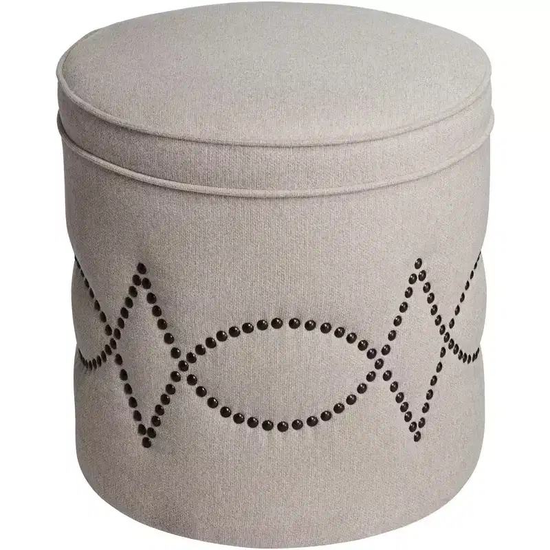 55 Downing Street Iriza Oatmeal Nailhead Round Ottoman