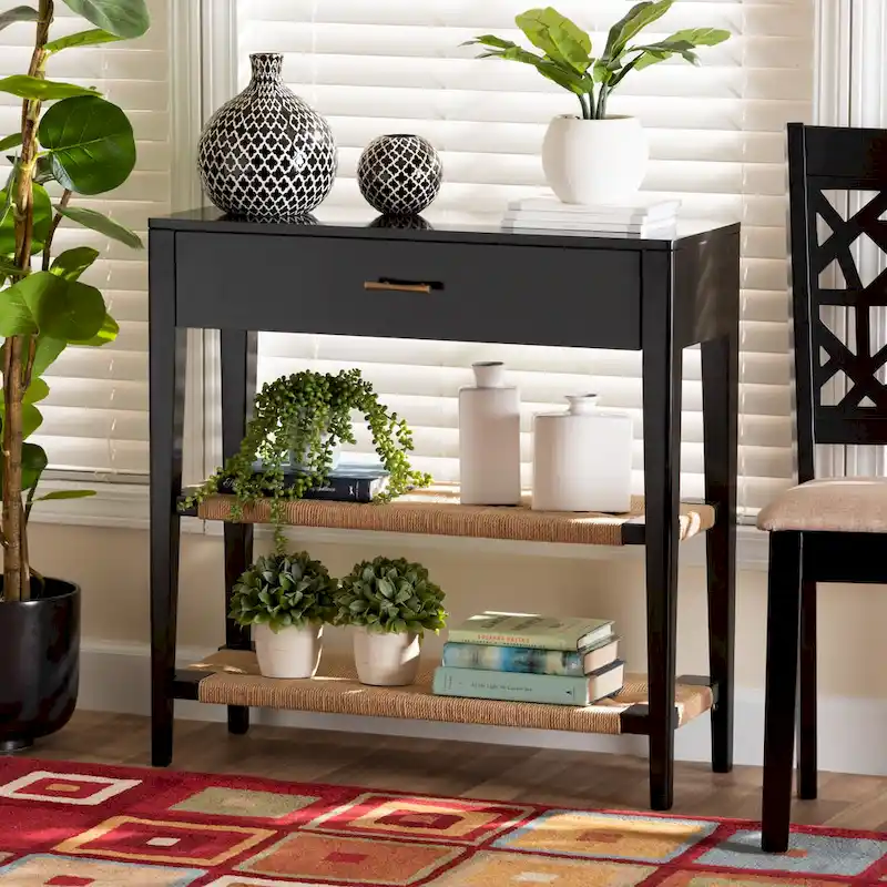 Wood Console Table with Drawer and Woven Rope Shelves – Black / Natural Brown / Brass, 1-Unit