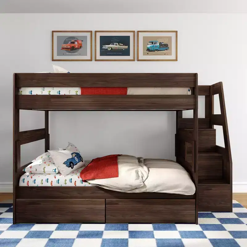 Modern Farmhouse Queen Over Queen Bunk Bed With Staircase and Storage Drawers
