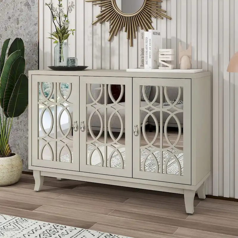3-Door Mirrored Sideboard with Teardrop Handles – Natural / Champagne / Black, Farmhouse Style