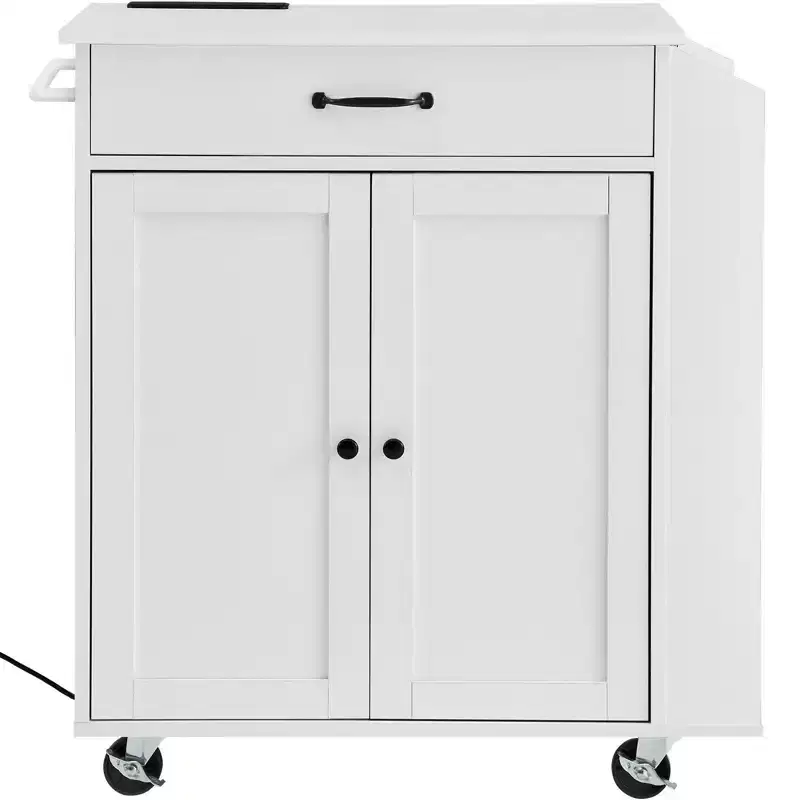 Kitchen Island Cart Rolling Storage Cabinet on Wheels with Charging Station, White