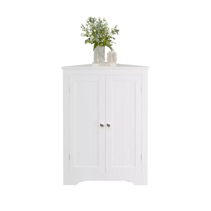 White Floor Corner Cabinet with 2 Doors & Adjustable Shelves for Bathroom Kitchen Living Room
