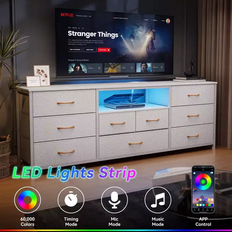 55 Inch Wide White TV Stand Dresser 9 Drawers with Power Outlets LED Lights Media Console for 65 Inch TV Bedroom Storage Chest Entertainment Center