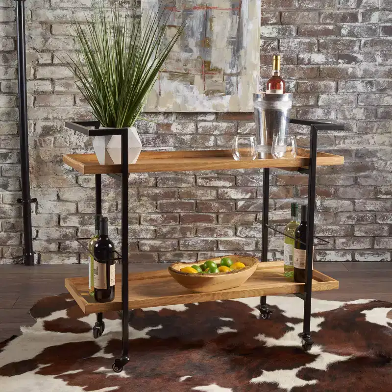 Industrial Wooden Bar Cart with 2 Shelves and Caster Wheels, Black Iron Frame