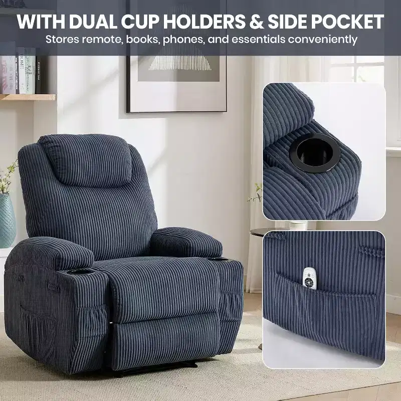 Comfy Corduroy Recliner Chair, Adjustable Design, 2 Side Pockets & Tool-Free Setup, 360 Swivel Rocking Recliner Chair, for Living Room, Bedroom