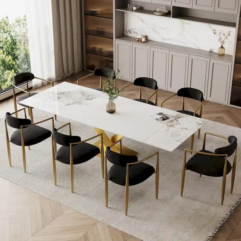 White Extendable Sintered Stone Dining Table Set for 6–8, with 8 Fabric Chairs