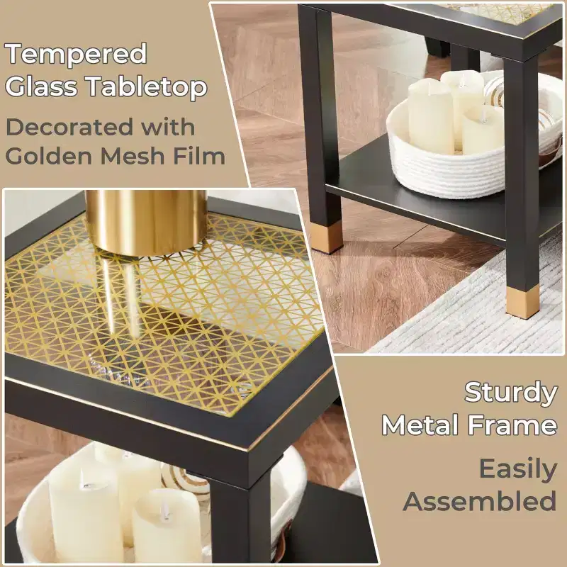 Probe Hues Mid-Century Metal & Glass End Table - Storage Shelf & Sofa-Side Height