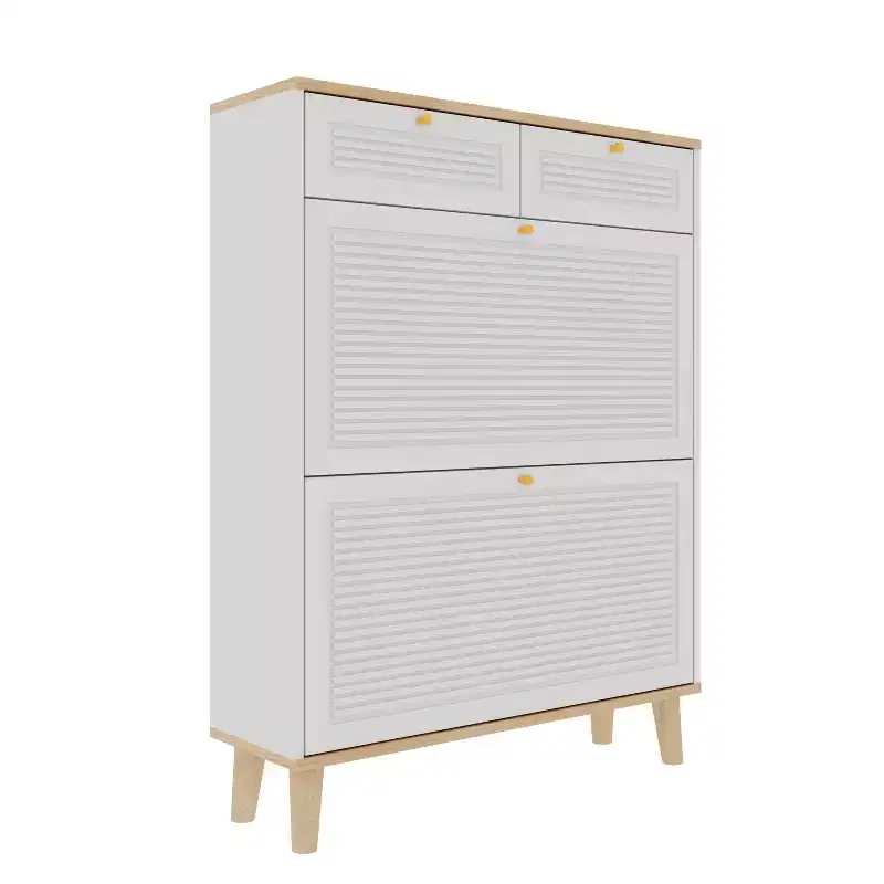 Shoe Storage Cabinet with 2 Flip Drawers and 2 Top Drawers for Entryway or Bedroom, Oak White