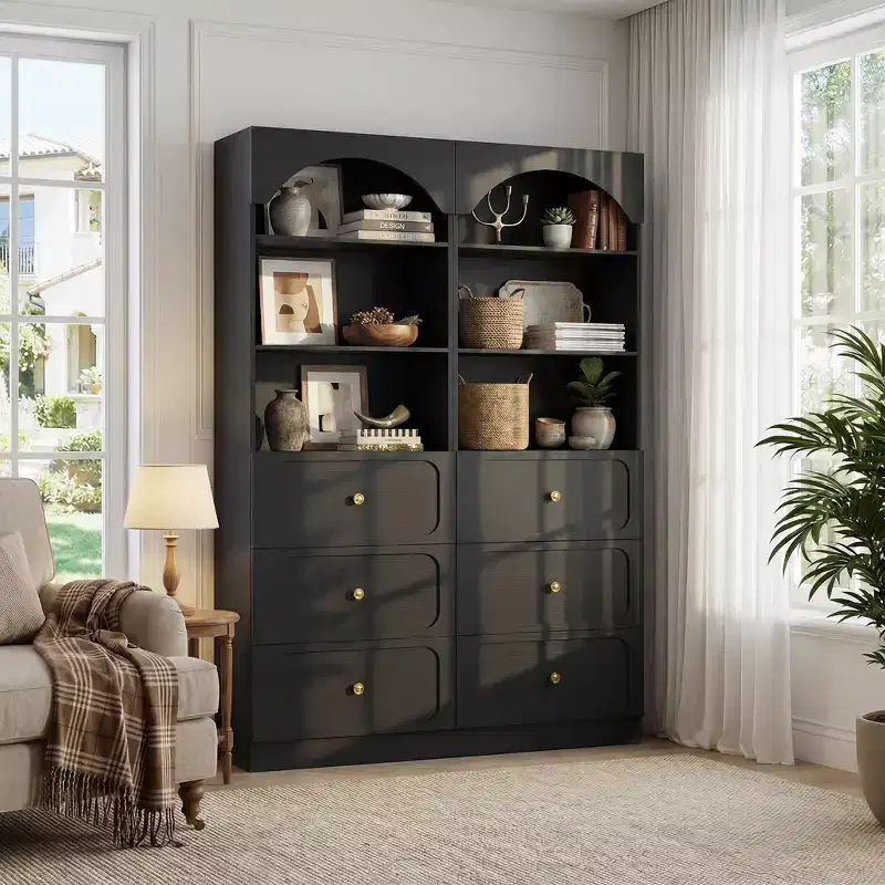 Besiost Wooden Pantry Storage Cabinets with 3-Tier Open Shelves, 80 Tall Bookshelf with 3 Drawers
