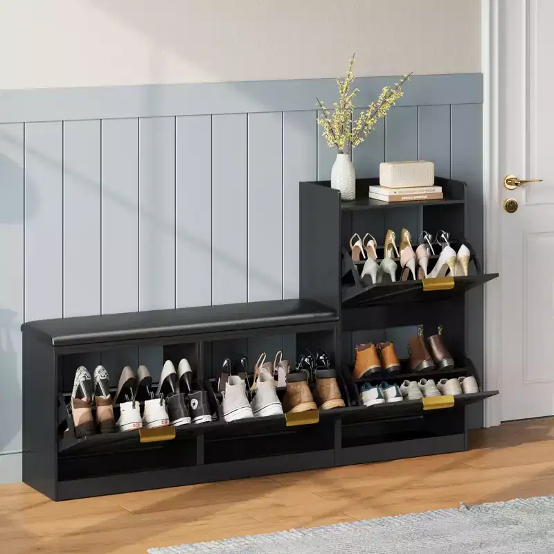 Entryway Shoe Cabinet Bench with 4 Flip Drawers & Cushioned Seat – Holds 40 Pairs, 340 lb Capacity