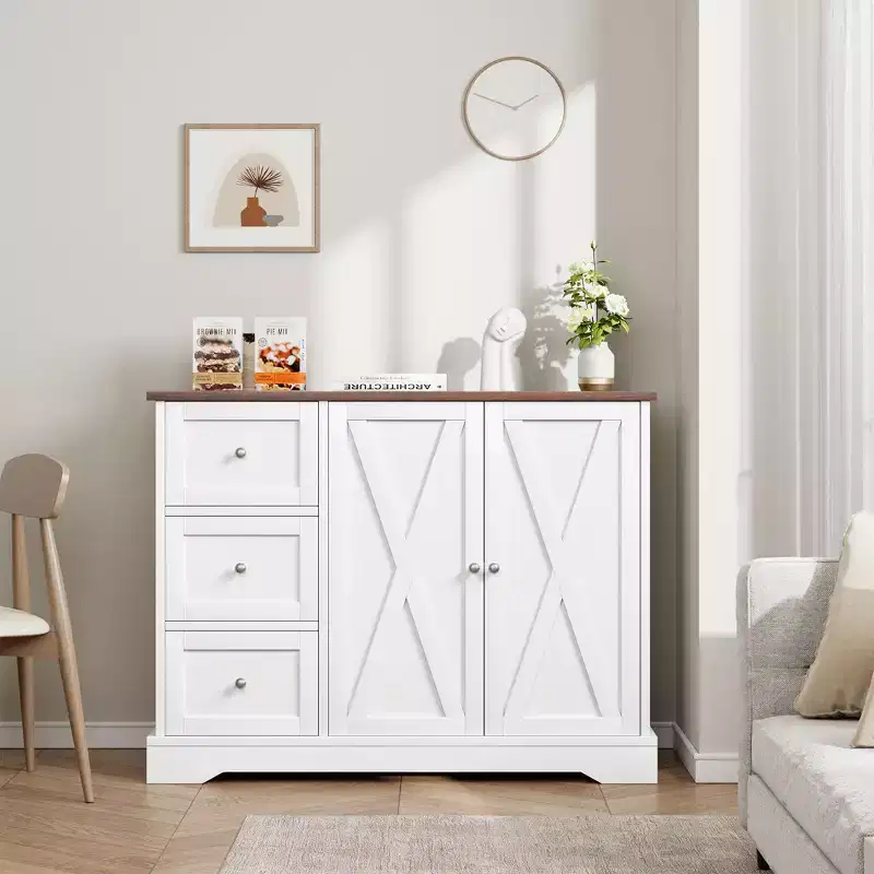 Buffet Cabinet with Storage, 42 Inch White Sideboard Coffee Bar with 3 Drawers, Space-Saving Legless Design for Small Spaces, White