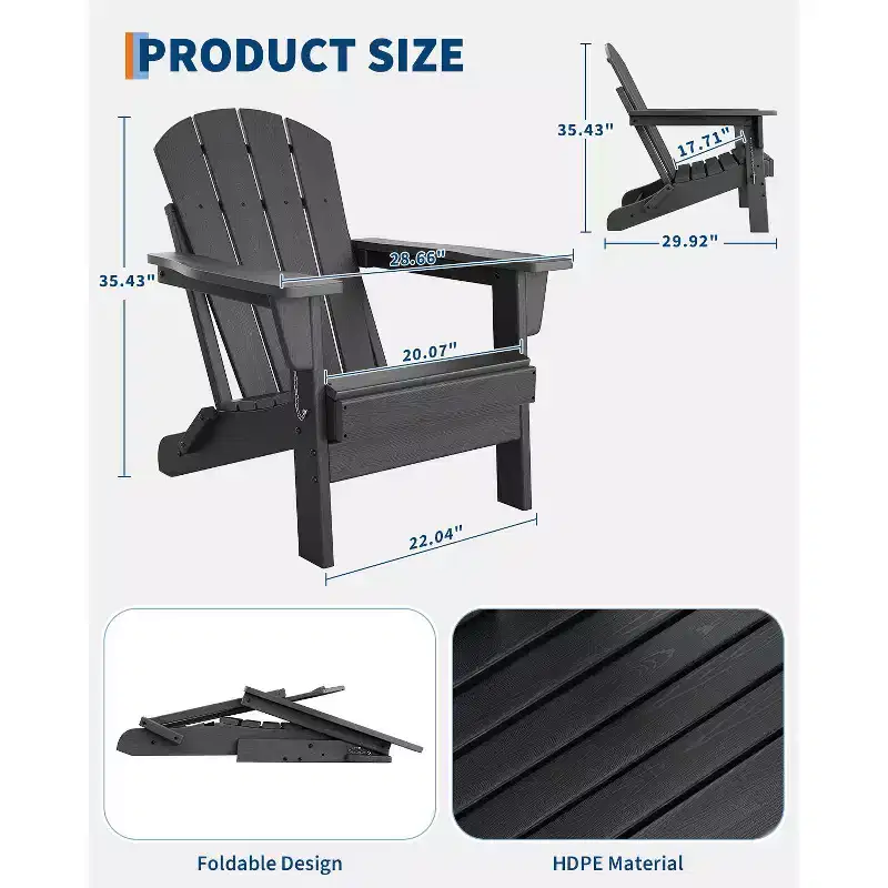 Adirondack Chair Outdoor, HDPE Heavy Duty 380lb Capacity, Weather Resistant No Assembly Required Foldable for Patio, Lawn, Garden