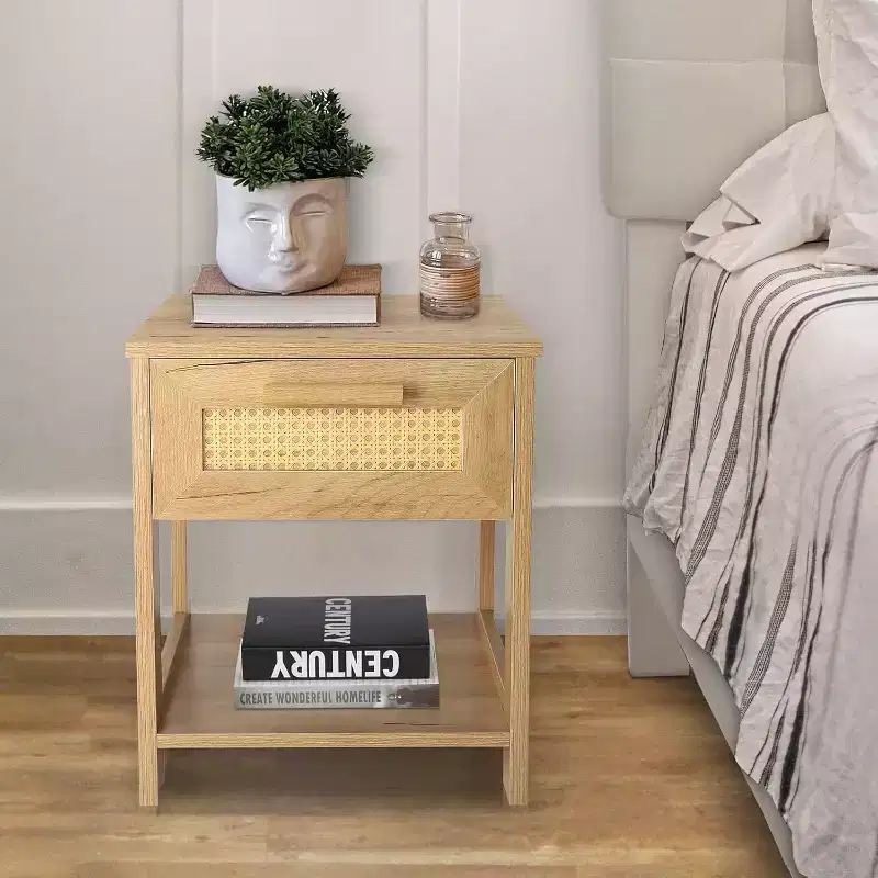 Nightstand Set of 2, Modern Rattan Small Dresser Organizer with 2 Drawers & 2 Open Storage Shelf, Bedside Table Furniture End Table for Bedroom