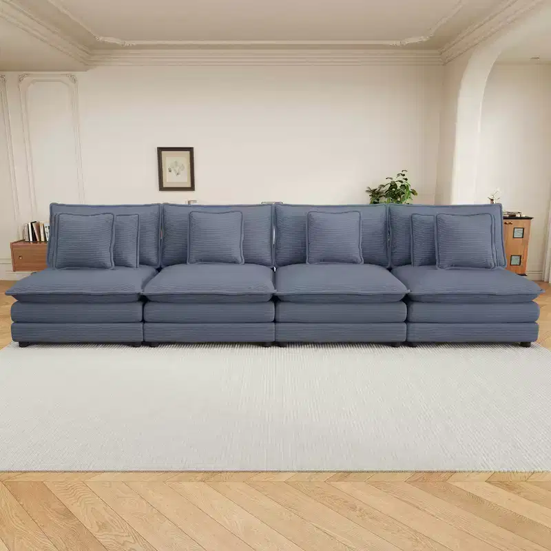 MAYEERTY 141.6 Modern Modular Sofa Upholsteres Corduroy with Four Pillows for Living Room Blue