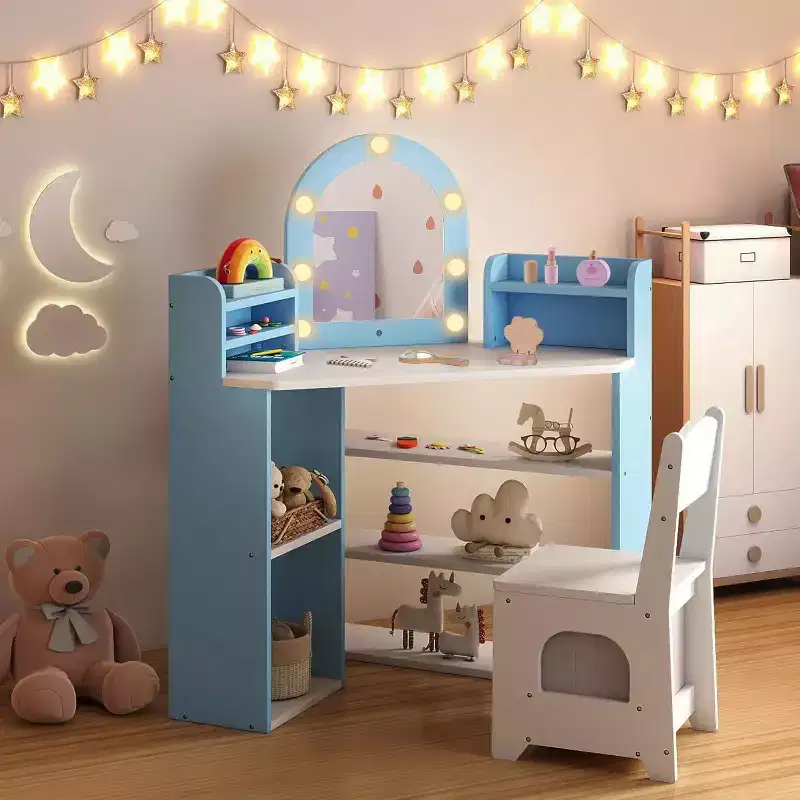'-2 in 1 Corner Kids Vanity with Lights Open Storage Shelves Set Lighted Mirror