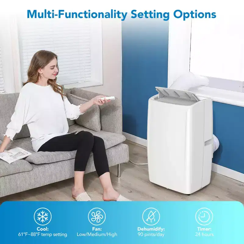 14,000 BTU Portable AC  Cools 750 Sq.Ft Rooms, Includes Window Vent Kit & Remote, Space-Saving & Efficient