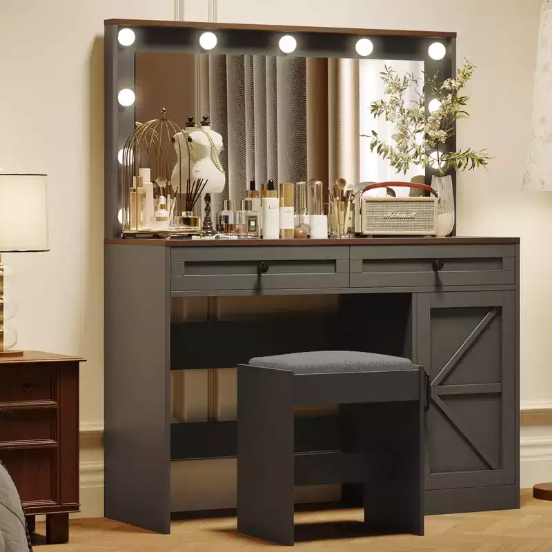 Okak Vanity Table with Large Mirror, Dressing Table with Transparent Glass Desktop & 3 Drawers for Apartment/Bedroom