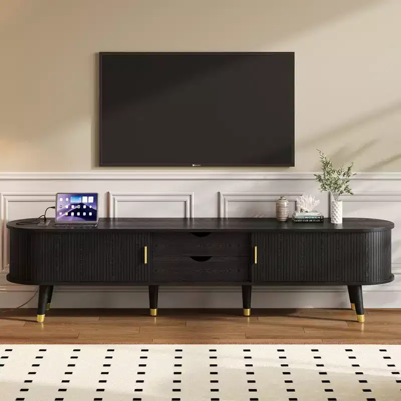 Wood TV Stand with Sliding Tambour Door for 80 inch TV, Fluted TV Storage Cabinet with Golden Handle, Oval Entertainment Center Console Table