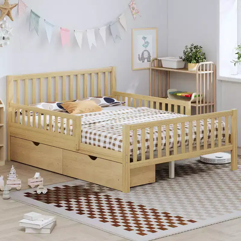 Full Wood Platform Bed with Guardrails & 2 Storage Drawers – Natural