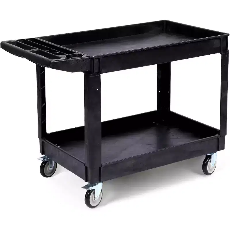 2 Tier PP Service Cart, Rolling Utility Cart Shelf with 360Swivel Wheels, 550LBS, Storage Handle, for Warehouse/Vegetables/Cleaning, Black