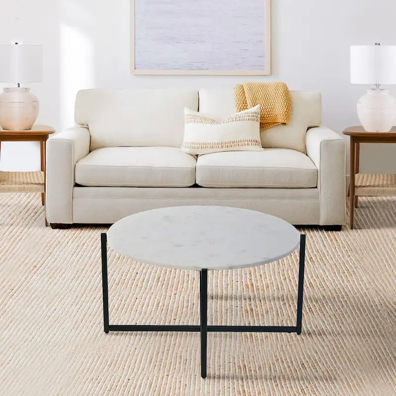 30-inch Marble Top Round Coffee Table with Metal Frame, White and Black